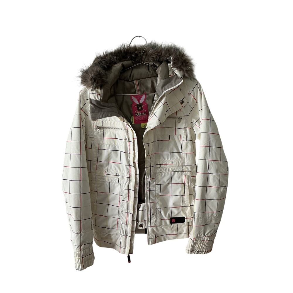 Burton Dryride Grid Print Snowboard Vida‎ Jacket White Medium Faux Fur Hood